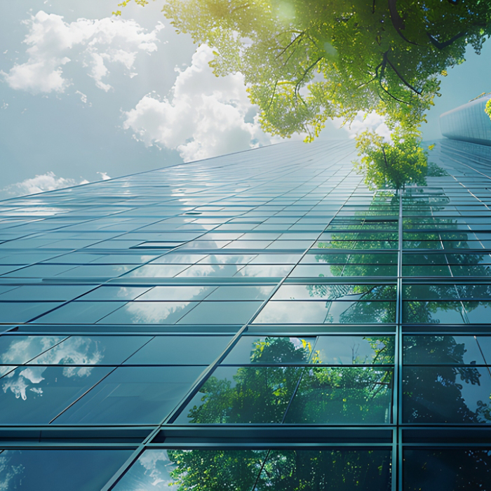 office building with tree for reducing carbon dioxide, Eco green environment