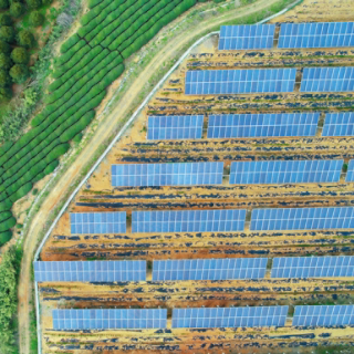 Solar farm, solar panels aerial view