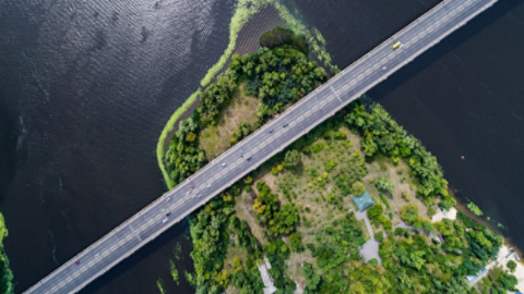 Bridge going over river and island