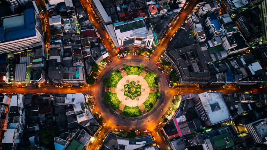 Inner-city roundabout at night