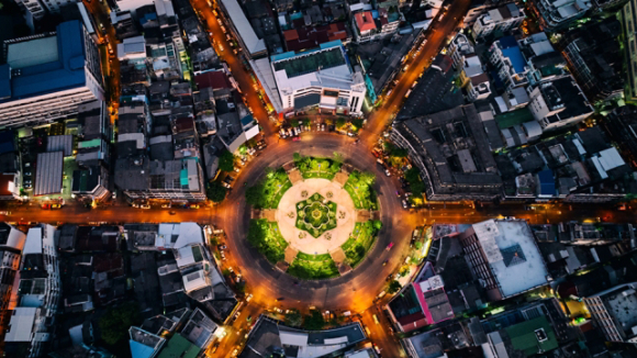 Inner-city roundabout at night