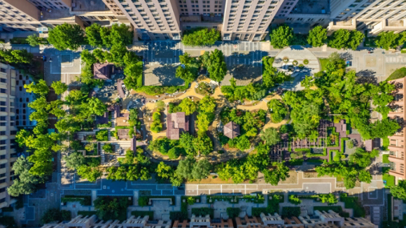 Aerial photograph of green space in urban buildings