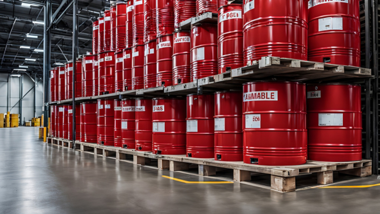 Red barrels holding flammable liquids on pallets