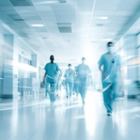 Blurred in motion hospital corridor with running doctors in uniform.