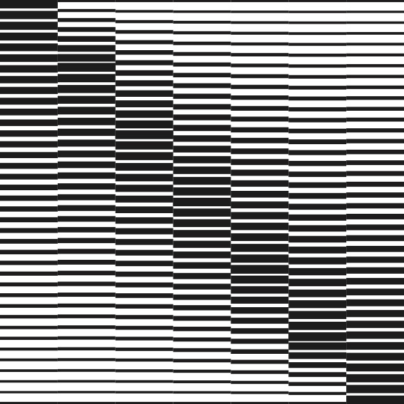 Abstract black-and-white pattern of horizontal stripes forming staggered diagonal line across a square image