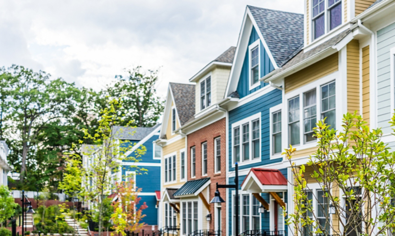Row of colorful painted townhouses
