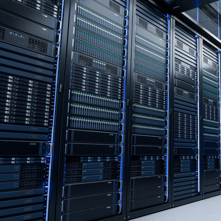 Corridor with Server Racks and Cabinets inside Large Data Center. Advanced Cloud Computing Concept and Machine Learning Concept.