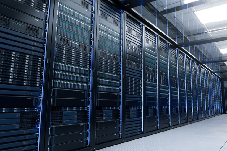 Corridor with Server Racks and Cabinets inside Large Data Center. Advanced Cloud Computing Concept and Machine Learning Concept.