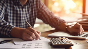 Tax deduction planning concept. Businessman calculating business balance prepare tax reduction. taxes paid by individuals and corporations such as VAT, income tax and property tax - Generative AI