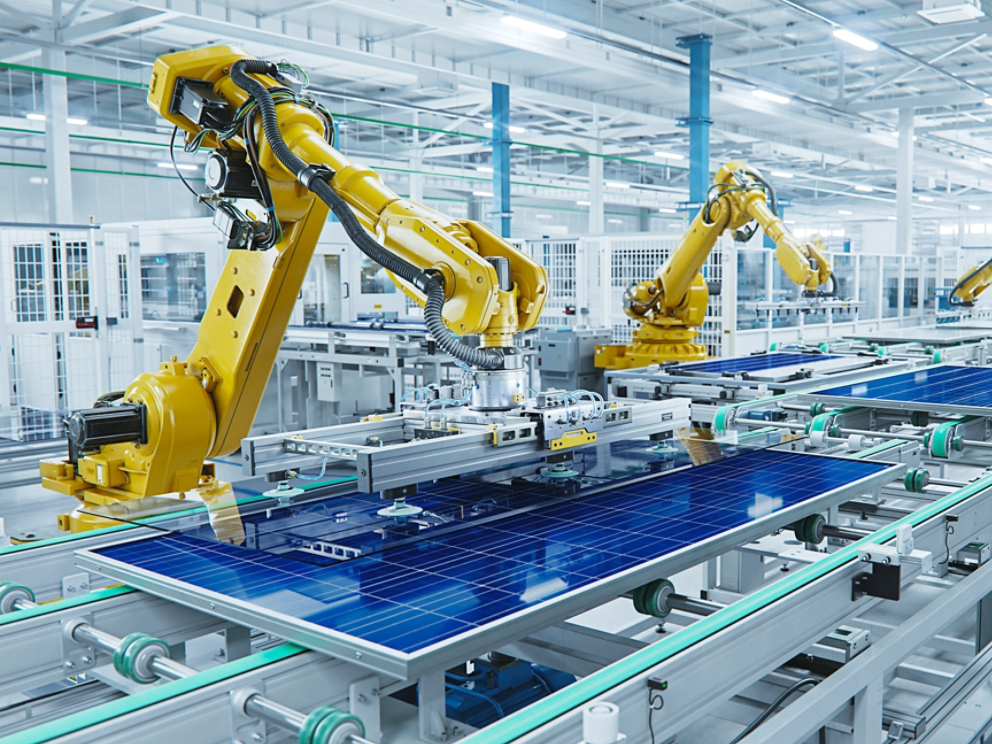 Large Production Line with Industrial Robot Arms at Modern Bright Factory. Solar Panels are being Assembled on Conveyor. Automated Manufacturing Facility
