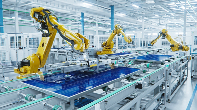 Large Production Line with Industrial Robot Arms at Modern Bright Factory. Solar Panels are being Assembled on Conveyor. Automated Manufacturing Facility