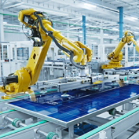 Large Production Line with Industrial Robot Arms at Modern Bright Factory. Solar Panels are being Assembled on Conveyor. Automated Manufacturing Facility