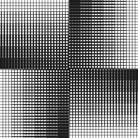 Abstract black-and-white grid pattern formed by intersecting horizontal and vertical lines of varying thicknesses, creating an optical effect of shifting gradients and distinct lighter and darker regions