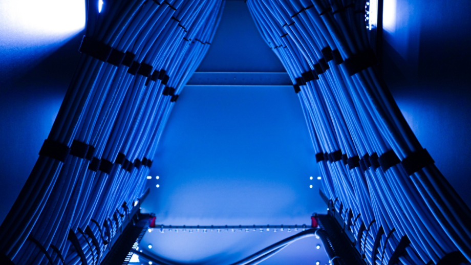 A dynamic view of network cables arranged in a server rack, illuminated with blue light