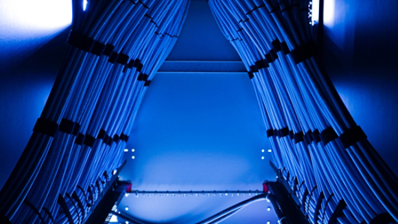 A dynamic view of network cables arranged in a server rack, illuminated with blue light