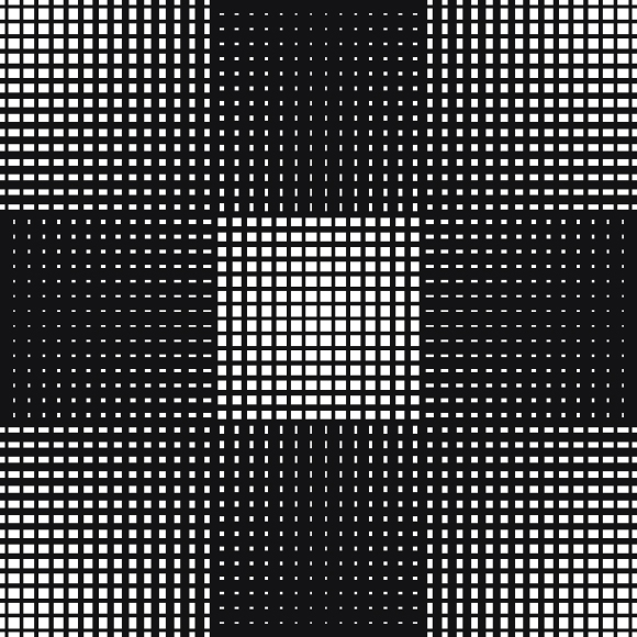 Abstract black-and-white grid pattern with varying dot and square sizes creating a cross or plus-sign shape in the center, with alternating light and dark quadrants