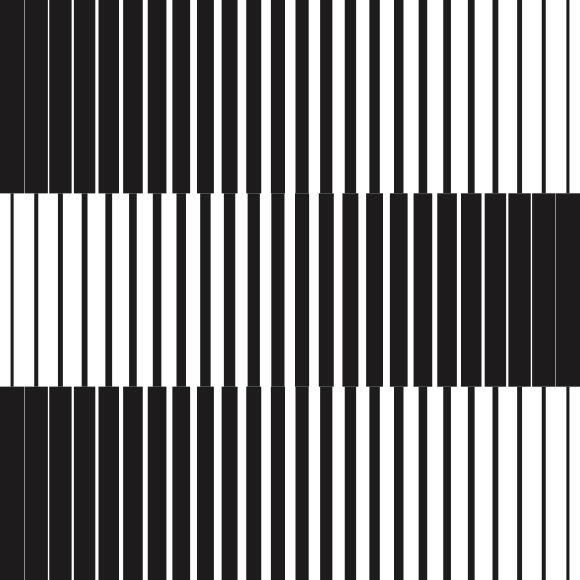 Abstract black-and-white pattern of evenly spaced vertical stripes with varying widths that create a gradient effect, forming three horizontal bands that transition from dark to light to dark