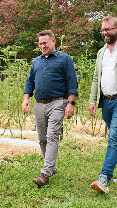 Trane Technologies VP of Sustainability Scott Tew and Carolina Farm Trust President and CEO Zack Wyatt at the Urban Farm at Aldersgate