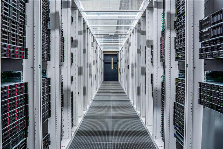 Modern data center corridor with server racks