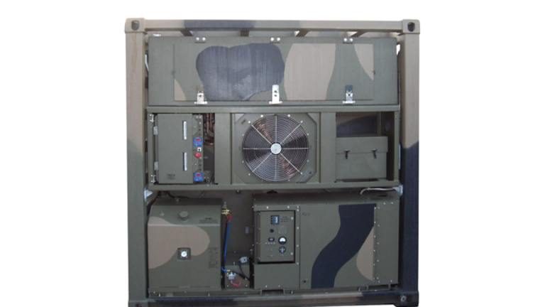 Front view of Klinge 20-foot dual temperature zone military refrigerated conex box