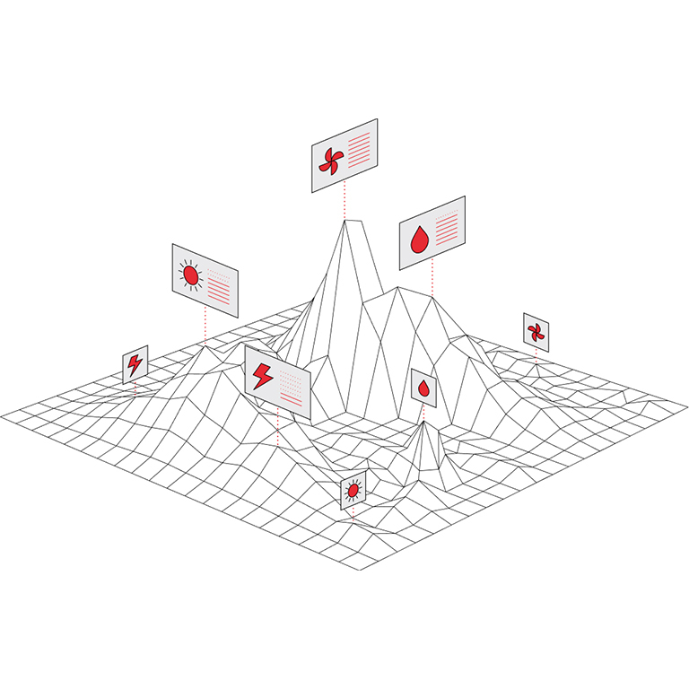 Wireframe 3D terrain map with floating information cards showing weather or environmental icons