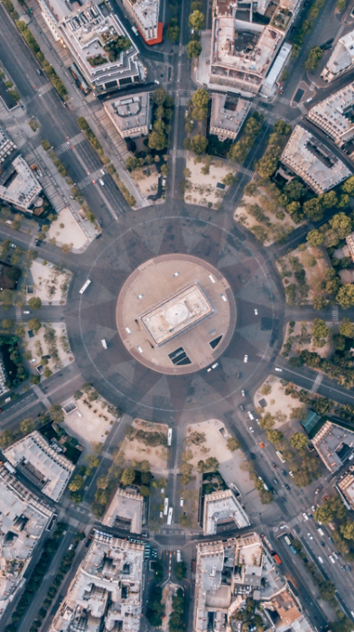 Aerial of the Arc de Triomphe in Paris, France