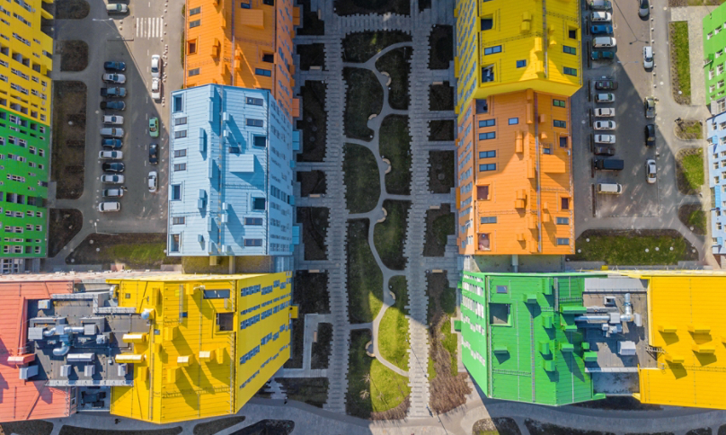 Aerial Colorful buildings on a city street