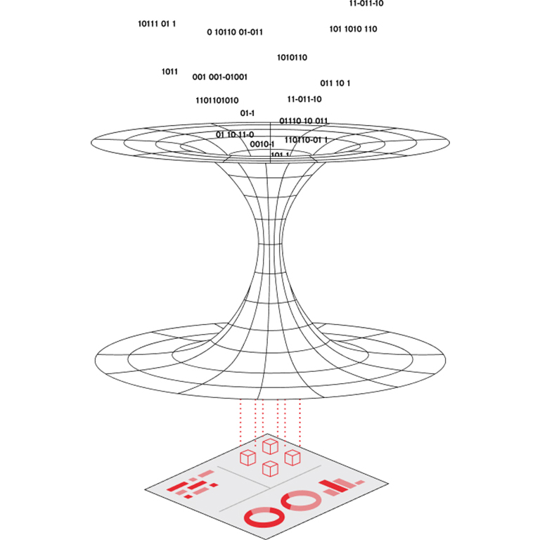 Wireframe data funnel linking binary code to a dashboard with charts and cubes