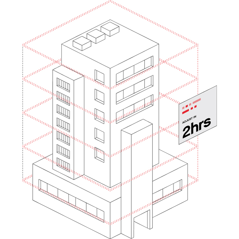 Isometric drawing of a building inside a red dotted bounding box with a floating panel reading 'ADJUST IN 2hrs'