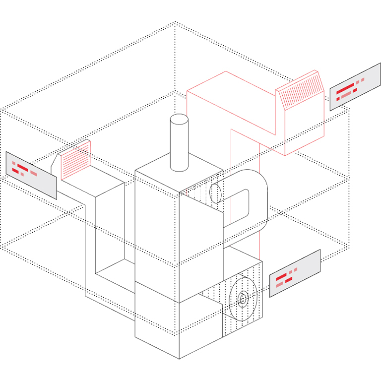 Isometric diagram of an HVAC unit inside a dotted bounding box, accompanied by floating data monitoring panels