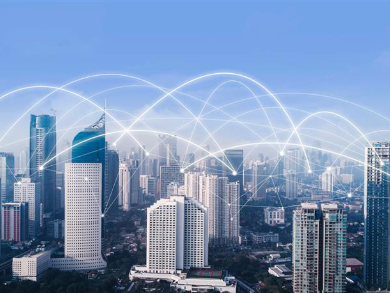 High buildings with network connection at morning