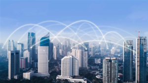 High buildings with network connection at morning
