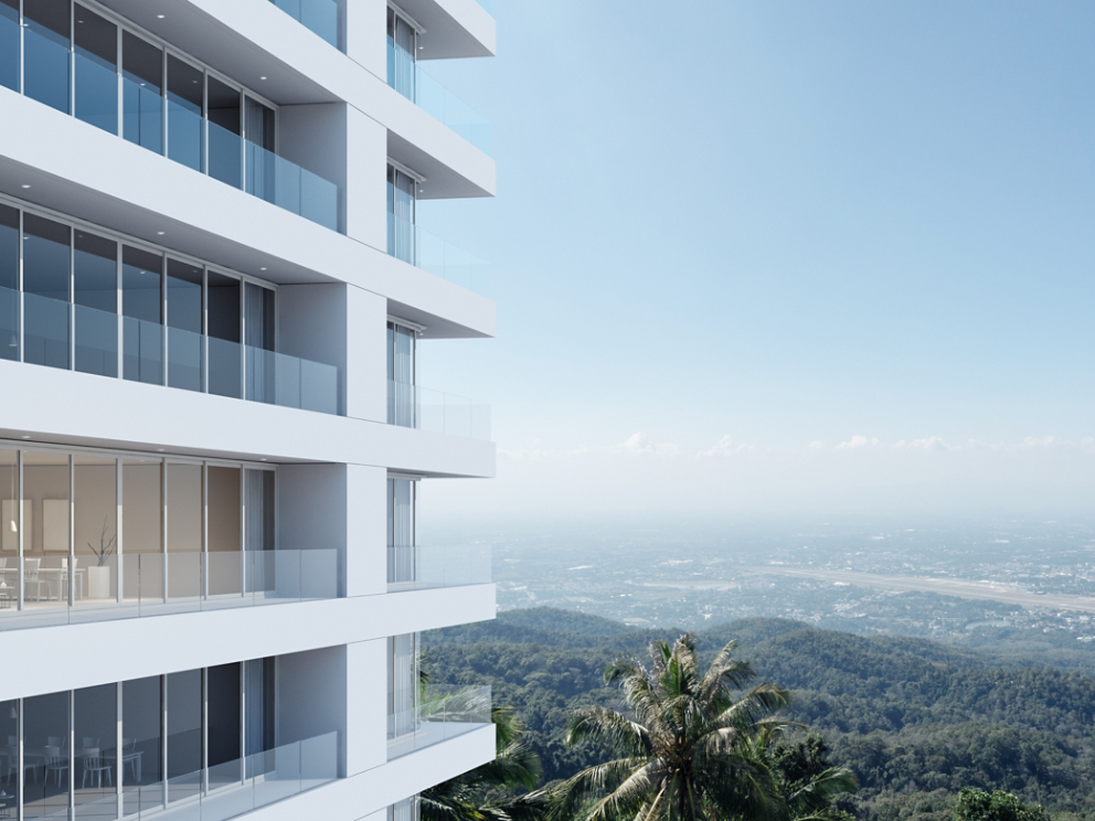 Perspective of high-rise condominium building with mountain and city view background - 3D rendering - Illustration