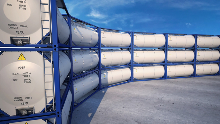 Tank containers with a fuel tank in the logistics area. This image can be used to represent fuel storage and transportation or to manage logistics and supply chains in fuel distribution. 3D Illustration.