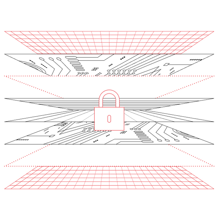 Layered security diagram with a central padlock connecting circuit patterns and grid planes
