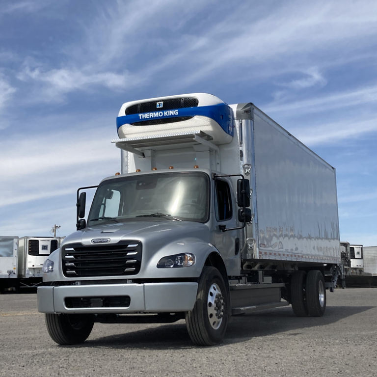 Thermo King e1000 electric reefer unit on large box truck, front angle view