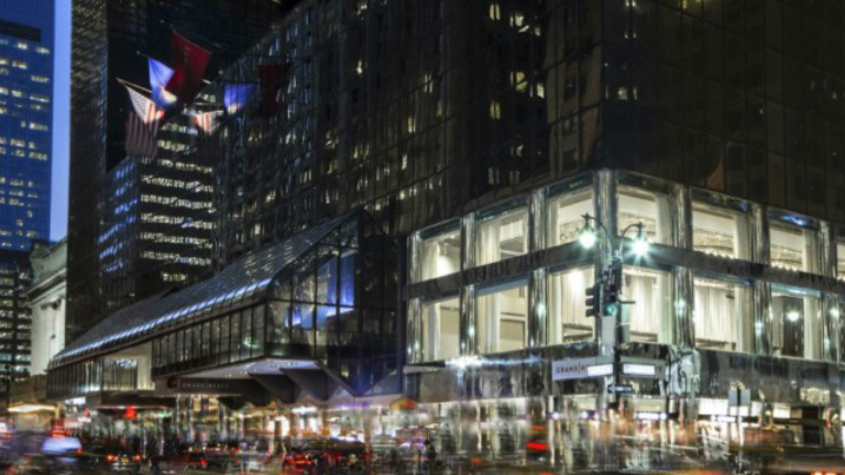 Exterior of city building at night