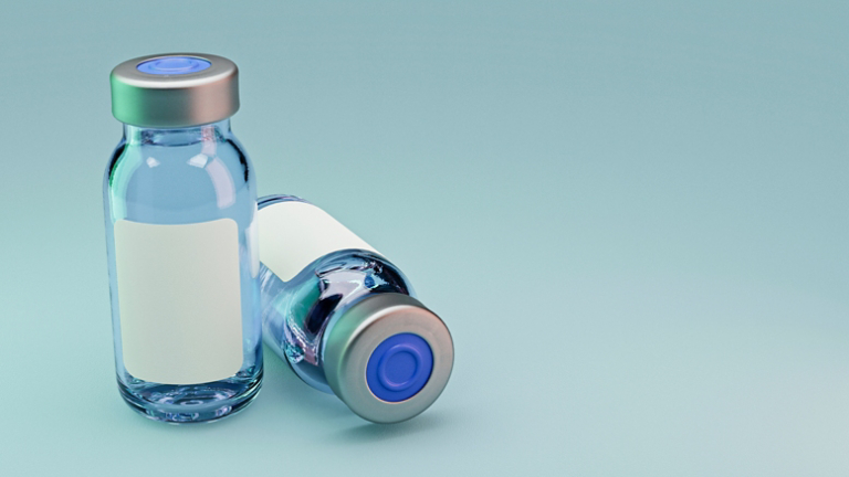 Couple of vaccine glass vials on cyan background. 3D illustration mockup with right copy space