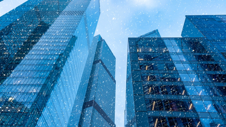 Modern Buildings in Snowfall