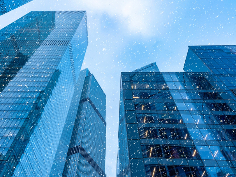 Modern Buildings in Snowfall