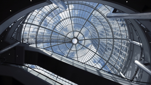 Office building seen through glass roof