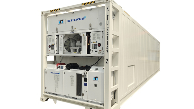 Front view of a Klinge NMR-262 dual redundant refrigeration unit on a 40-foot container