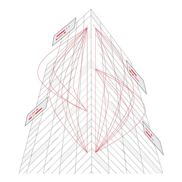 Isometric wireframe diagram of a tall, folded grid structure featuring curved red connection lines and floating data panels