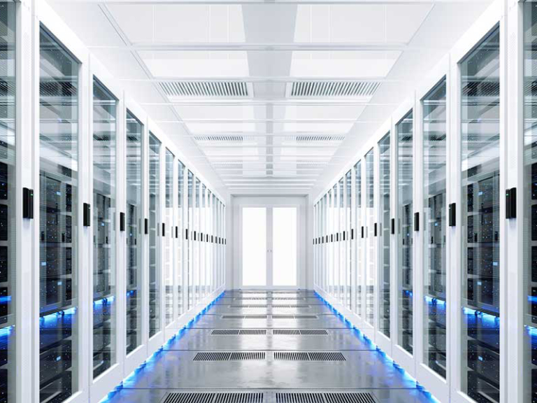 Data server rack center. Backup cloud service. 3D rendering