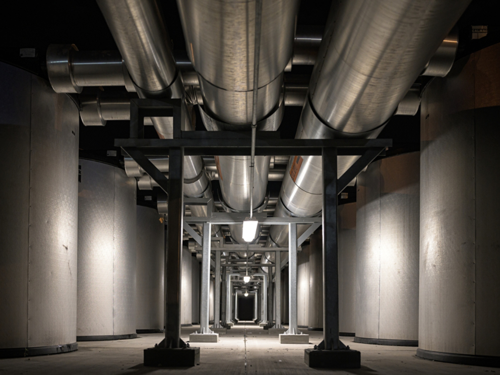 Energy Storage Iceback Piping Front Facing Night-Time