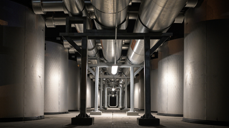 Energy Storage Iceback Piping Front Facing Night-Time