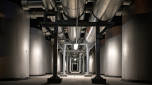Energy Storage Iceback Piping Front Facing Night-Time