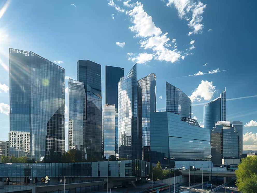 Generative AI : Modern buildings. Glass facade skyscrapers on a bright sunny day