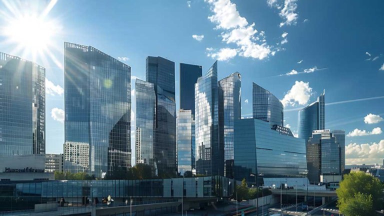 Generative AI : Modern buildings. Glass facade skyscrapers on a bright sunny day