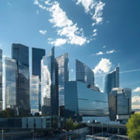 Generative AI : Modern buildings. Glass facade skyscrapers on a bright sunny day